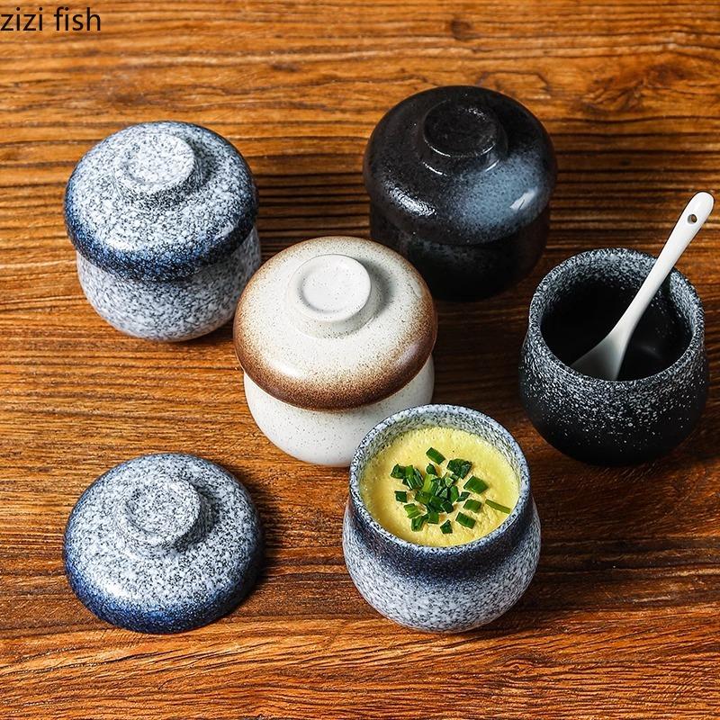Retro Ceramic Bowl with Lid Restaurant Steamed Egg Bowl Dessert Bowl Soup Bowls Tea Bowls Molecular Food Specialty Tableware
