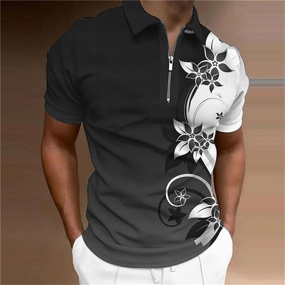 Fashion Zipper Polo Shirt For Men Floral Printed Daily Casual Short Sleeved Loose Oversized Shirt High Quality Men'S Clothing