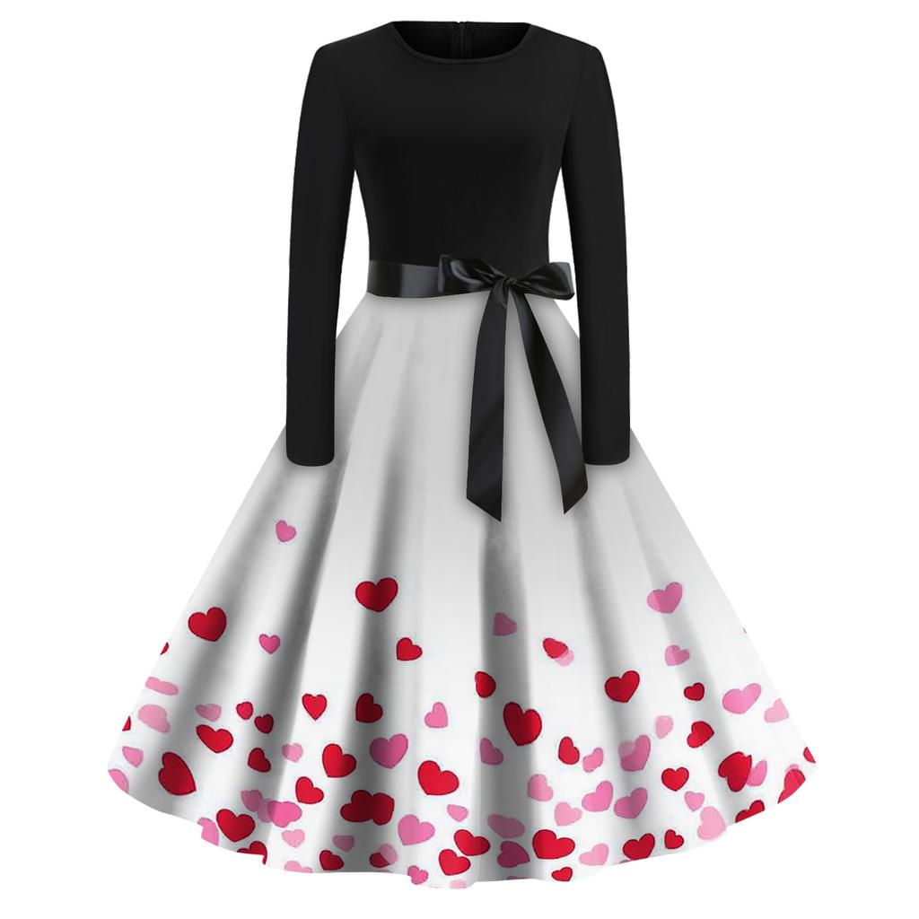 Women's Fashion Round Casual Slim Fit  Print Large Swing Long Sleeve Dress