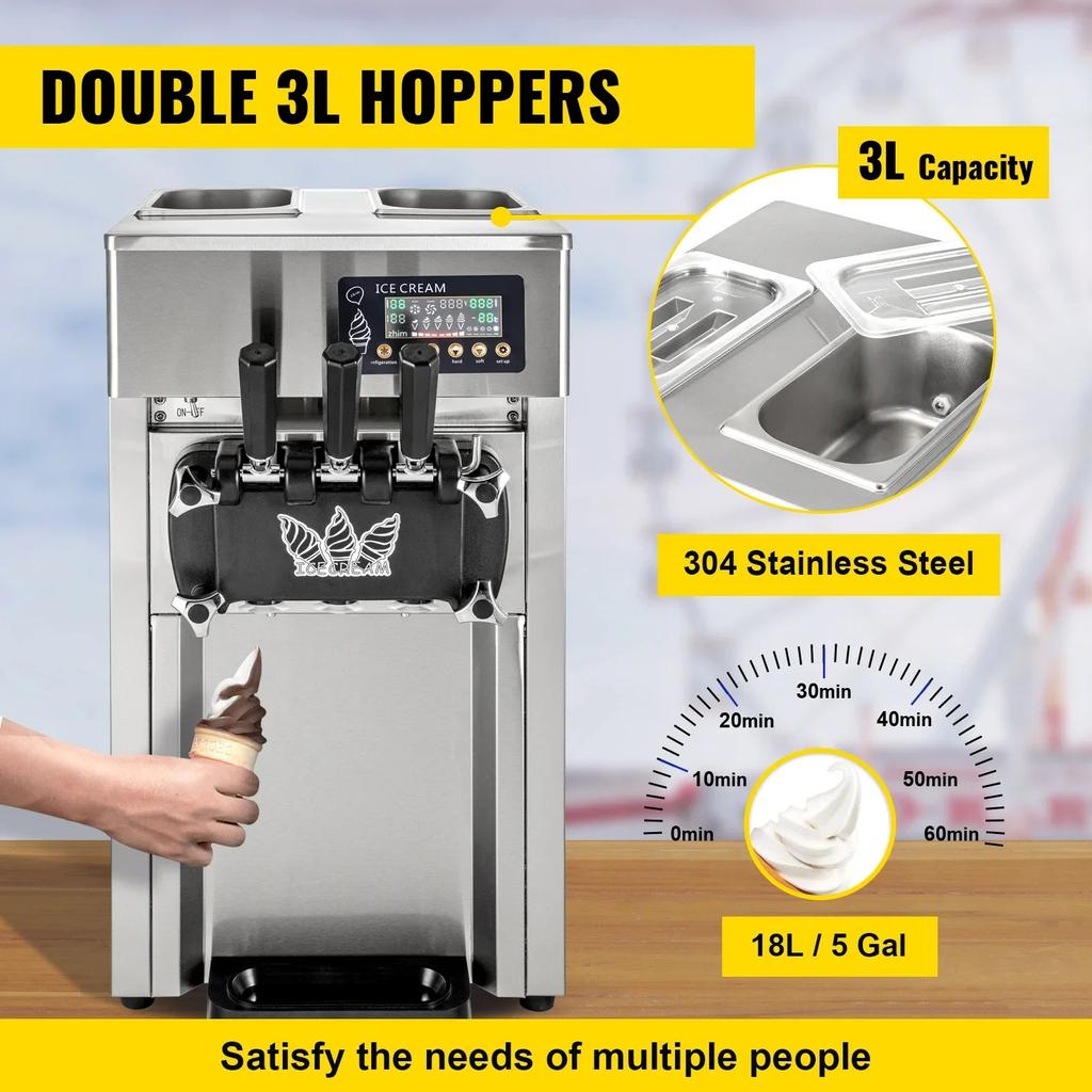 VEVOR Ticari Üç Başlı Senkronize Çözme Dondurma Ekipmanı 18 Litre Büyük Kapasiteli Dondurma Yapma Hepsi Bir Arada Makine