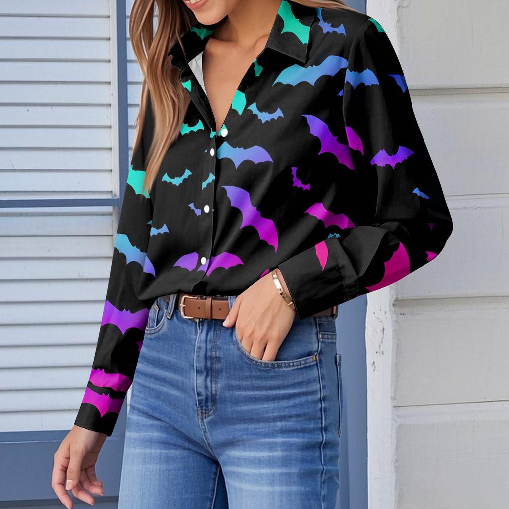 Women's Long Sleeve Button Halloween Printed Casual Shirt Top