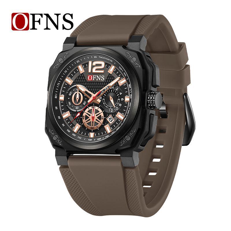 OFNS Men's Classic Square Chronograph Watch: Multifunctional Sports Fashion with Single Calendar, Six-Needle Quartz Movement.