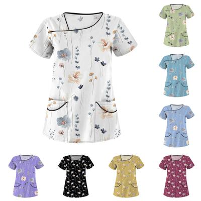 Women's Casual Floral Print Short Sleeve Sloping Collar Workwear Top With Double Pockets