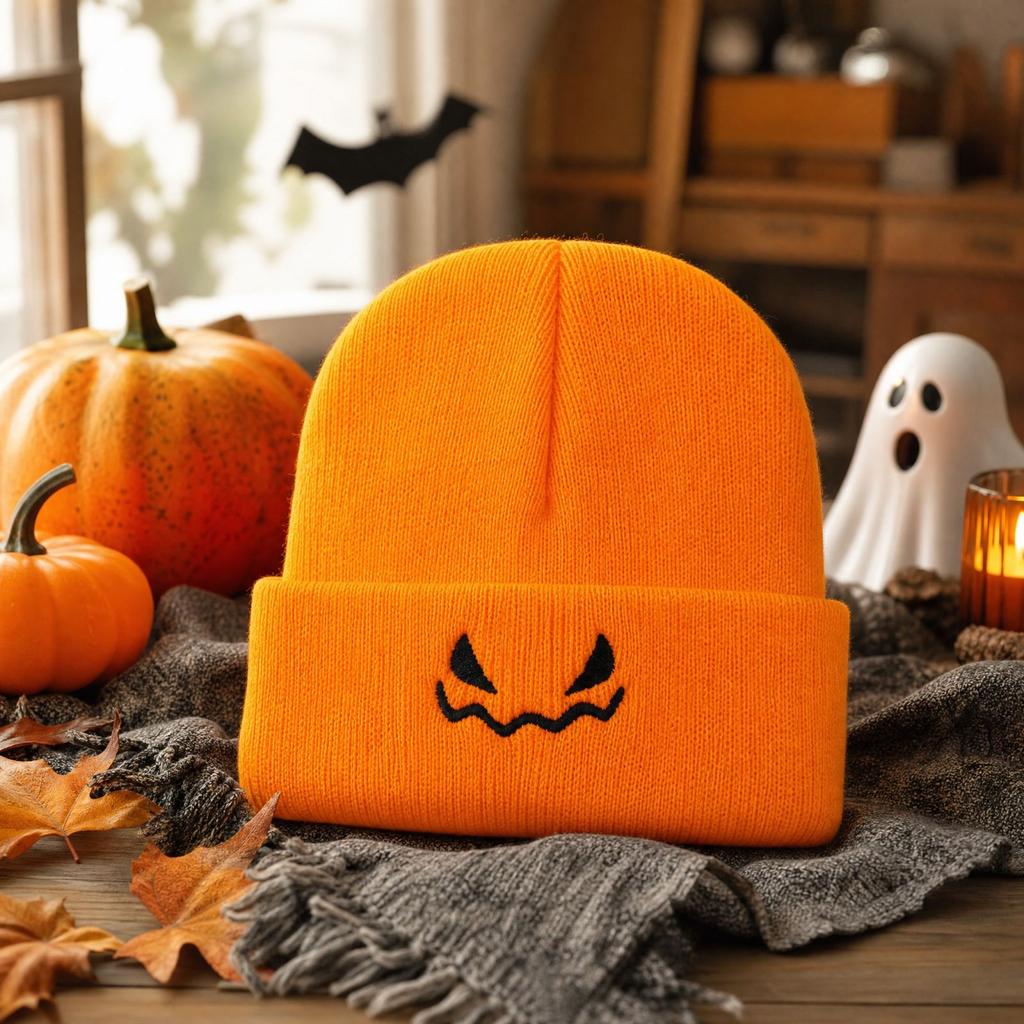 Unisex Halloween Pumpkin Knit Hat with Embroidered Devil, Fall Winter Novelty
