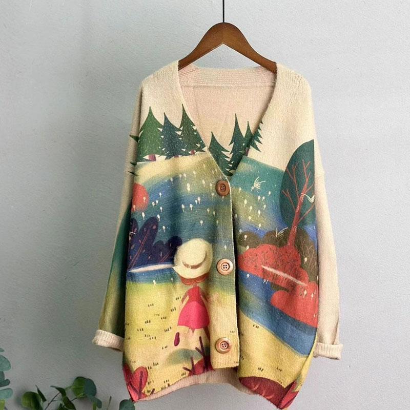 DIMANAF 2023 Neue Herbst Plus Größe Pullover Strickjacke Oversize Frauen Muster Floral Cartoon Druck Pullover Stricken Lose Pullover