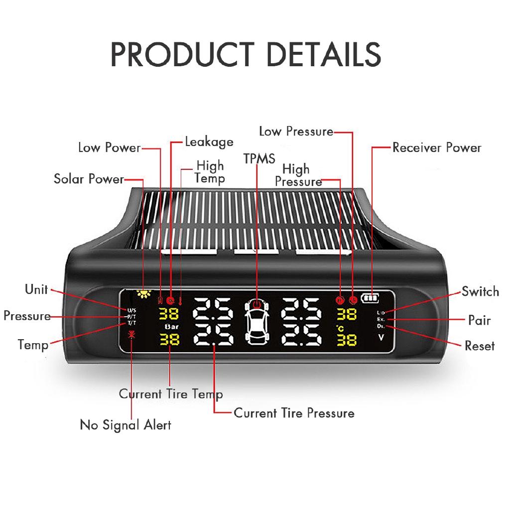 Auto Solar Drahtloses TPMS Reifendruckkontrollsystem LCD+4 Externe Autosensoren Auto LKW Wasserdicht IP67 Monitor