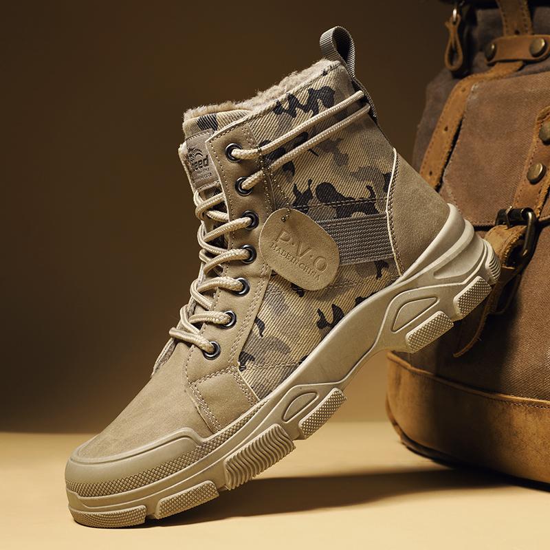 New Men's Winter Camouflage Ankle Boots Fur Lined Warm Non-Slip Outdoor Tactical Work Boots for Male