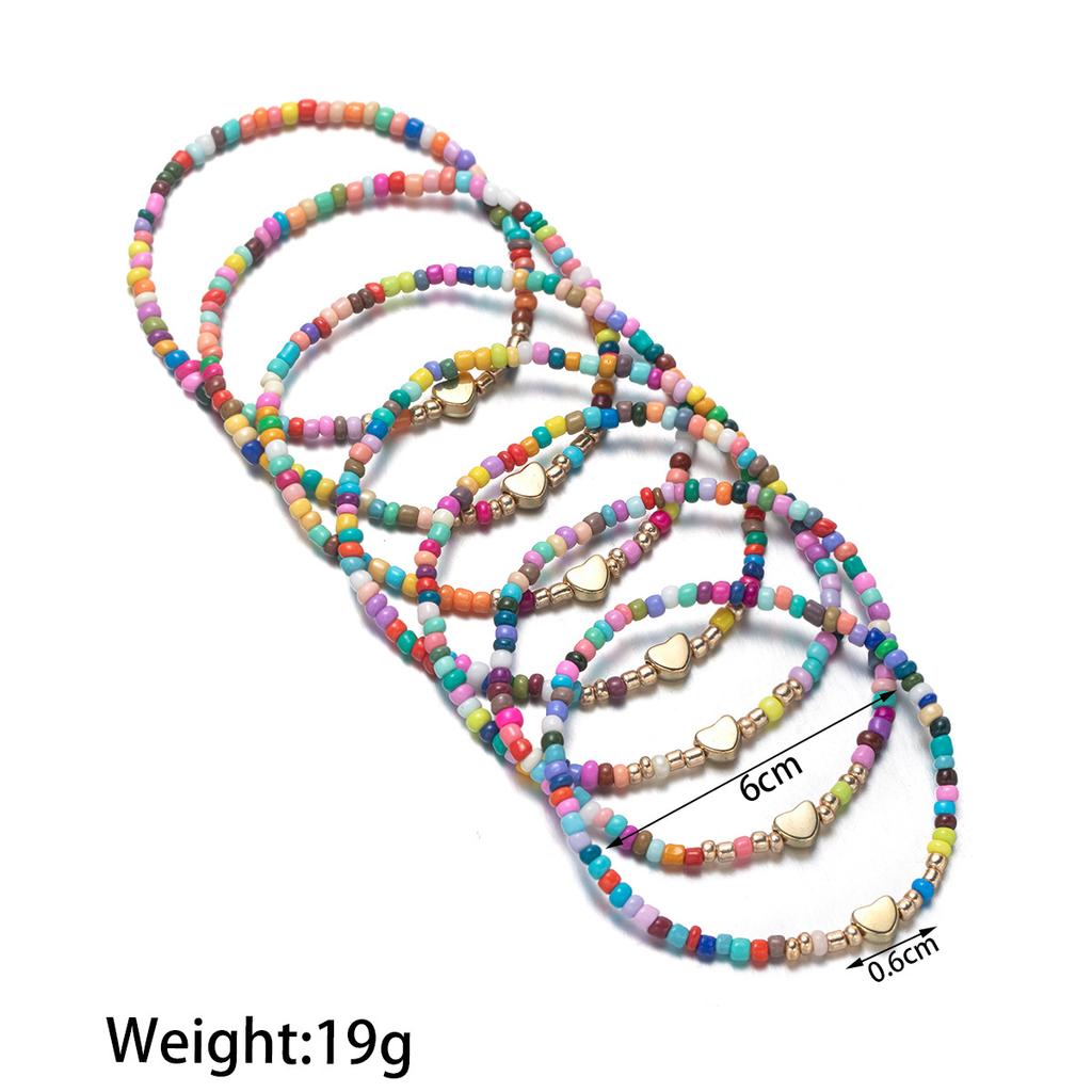 7Pcs Colorful Rice Beads Bracelet Set For Women Fashion Heart Charm Elastic Beaded Chain Bangle Female Trendy Jewelry Gift