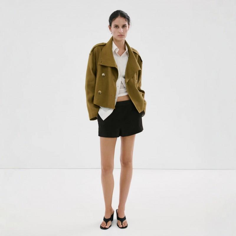 Damen Kurzmantel mit Stehkragen Doppelreihig Lockerer Schnitt Jacke mit Schulterklappen Olivgrün Beige