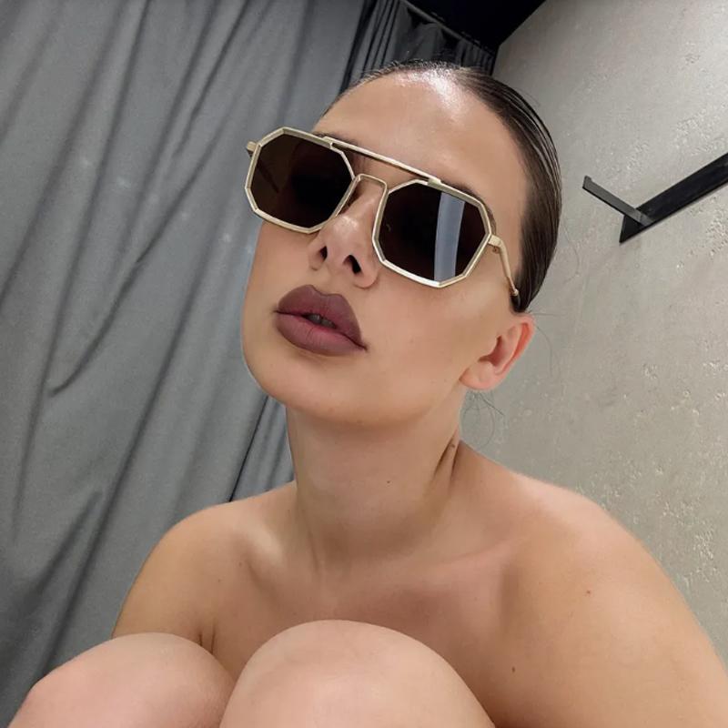 1/2pcs New Double Beam Metal Large Frame Polygon Sunglasses Fashion Women Men Sun Glasses Black Brown Mirror Eyewear UV400