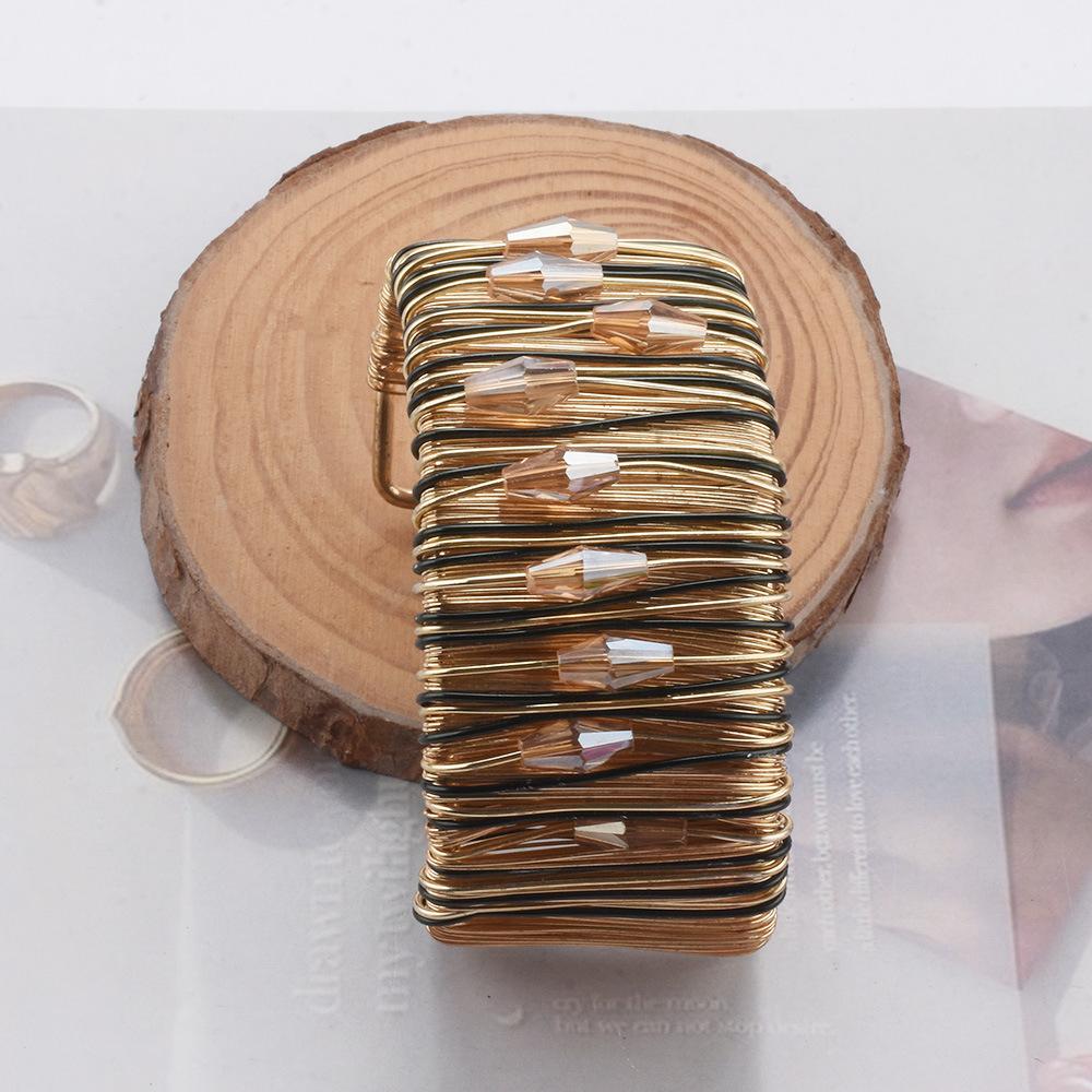 Handgefertigtes Drahtumwickeltes Armreif-Armband, Hohl mit Strasssteinen Metall Bohemian Statement Schmuck für Damen