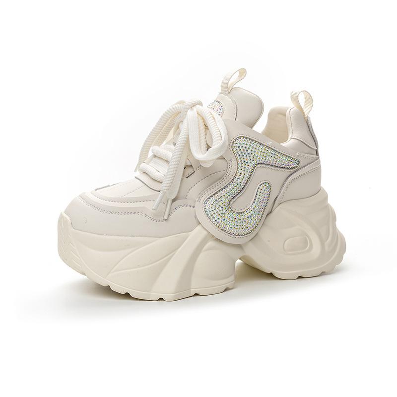 Fashion 7CM New Genuine Leather Platform Wedge Women Spring Autumn Chunky Sneakers 2024 Fashion Boots Bling Vulcanize Well-fitting Shoes