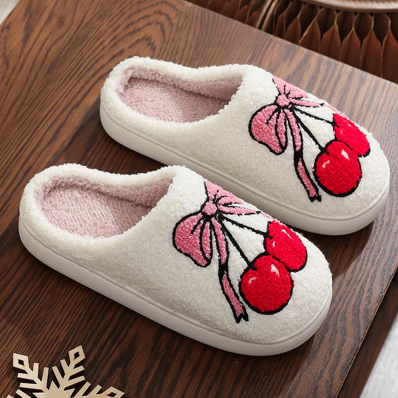 

Fashion Cute Fruit Cherry Warm Cotton Slippers Women Winter Fashion Bowknot Plush Slides Woman Mix Color Non Slip House Shoes Mujer 44-45