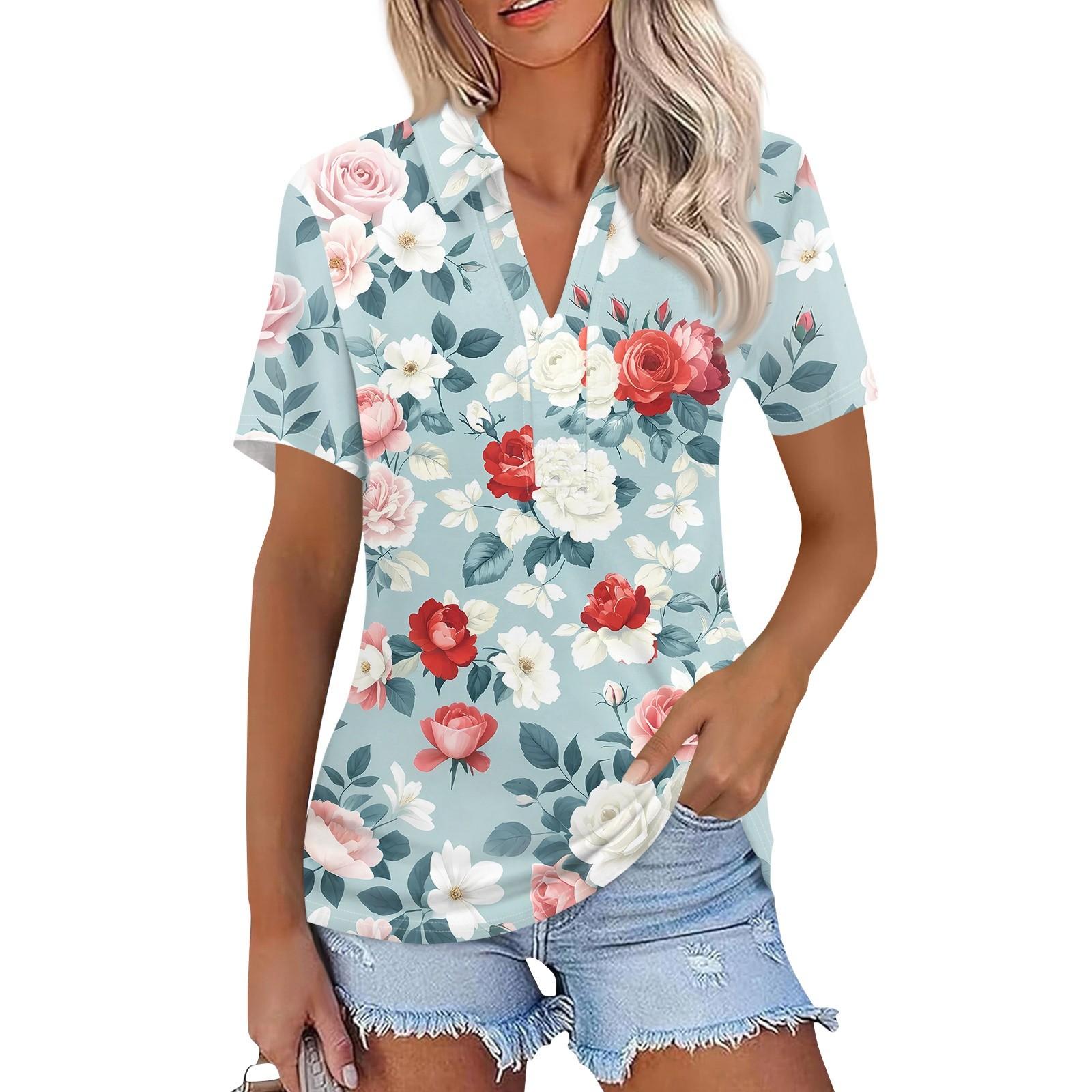 

Жіноча мода повсякденний лацкан короткий рукав принт сорочка жіночий V-подібним вирізом топ S рожевий