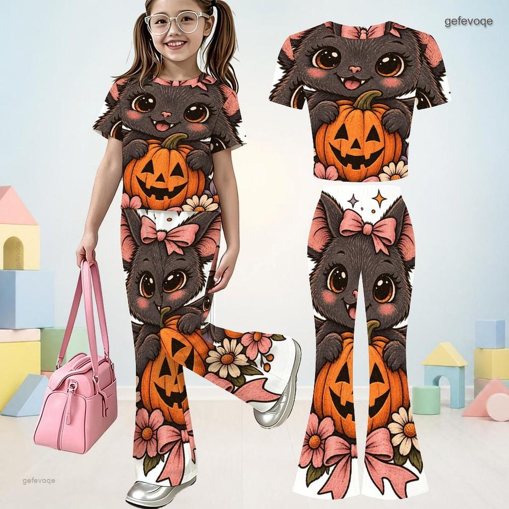 Girls Round Neck Short Sleeve Panda Ghost Printed Top And Flared Pants Two Piece Set