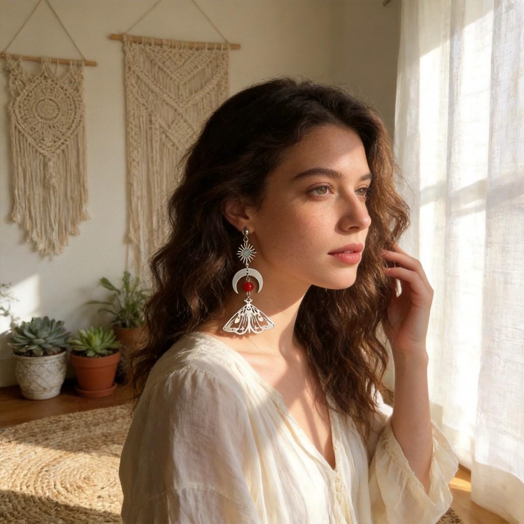 Silver Earrings With Crystal Moon And Sun Pendant For Women