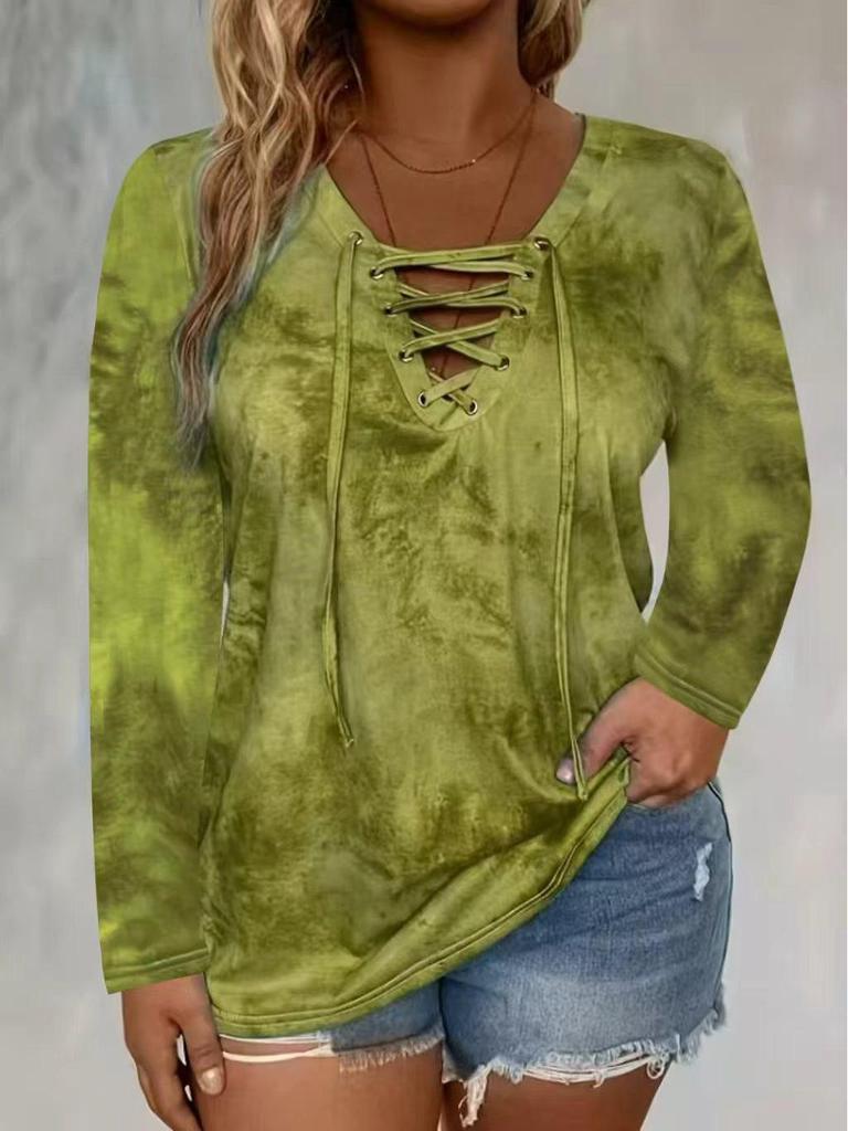 Elegantes Tie-Dye V-Ausschnitt Langarm Übergröße Damen Oberteil für Herbst/Winter 2025