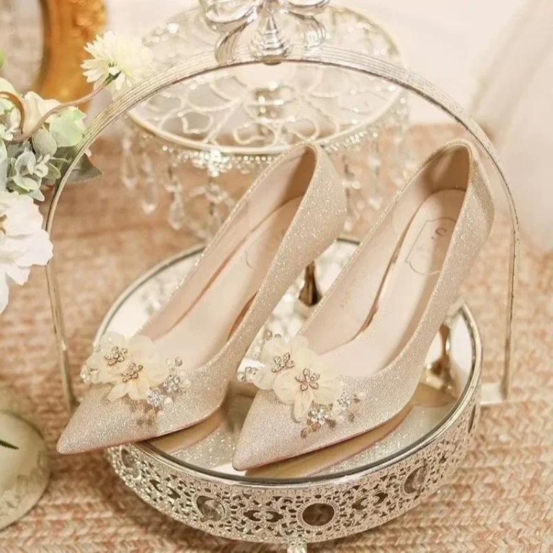 Ladies Shoes 2025 Slip on Women's High Heels Fashion Wedding Pumps Women Floral Crystal Pearl Pointed Toe Thin Heels Shoes Women