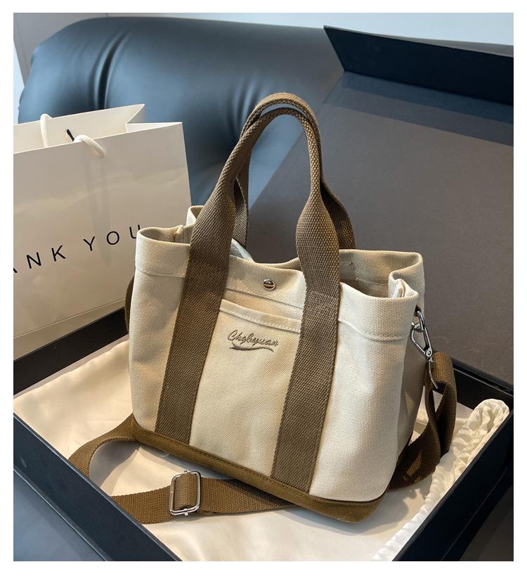 Japanese Color Block Canvas Tote: Lightweight, Large-Capacity, Versatile Handbag for Women - Shoulder or Crossbody Use.
