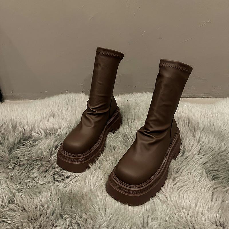 

Женские ботинки Мартин на толстой подошве, новая эластичная модель 2025 года, универсальные тонкие плиссированные ботинки-чулки, мундштук 40 темно-коричневого