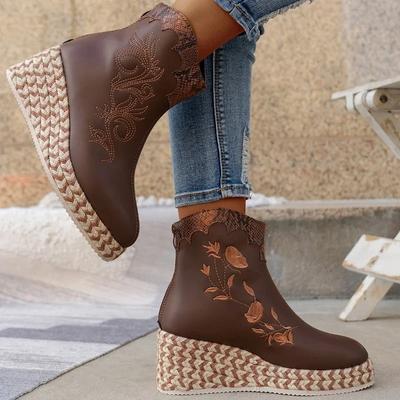 Moda Mujer Moda Cuero Bordado Señoras Punta Redonda Otoño Invierno Zapatos Cálidos Vintage Diamante Chelsea Cuñas Botines