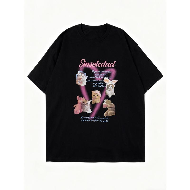 Oversized T Shirt Black Sinsoliedad Text And Cute Animal Characters Print Casual Streetwear For Women