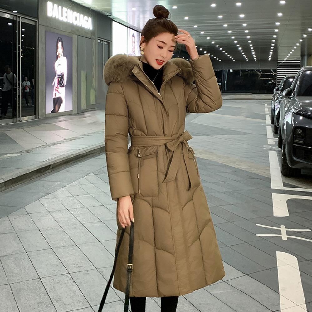 

Женская длинная хлопковая одежда выше колена однотонного цвета, новая осенне-зимняя корейская версия, приталенная, модная, с большим меховым воротником, хлопковая одежда L хаки