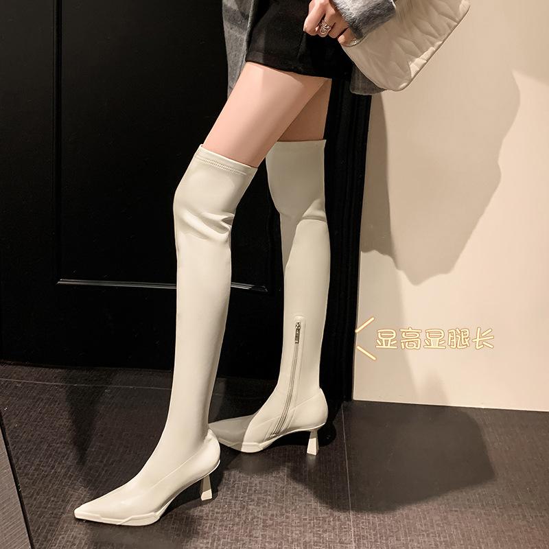 New European and American women's over-the-knee boots, black high-heeled round-headed thick-heeled autumn and winter women's leather boots,
