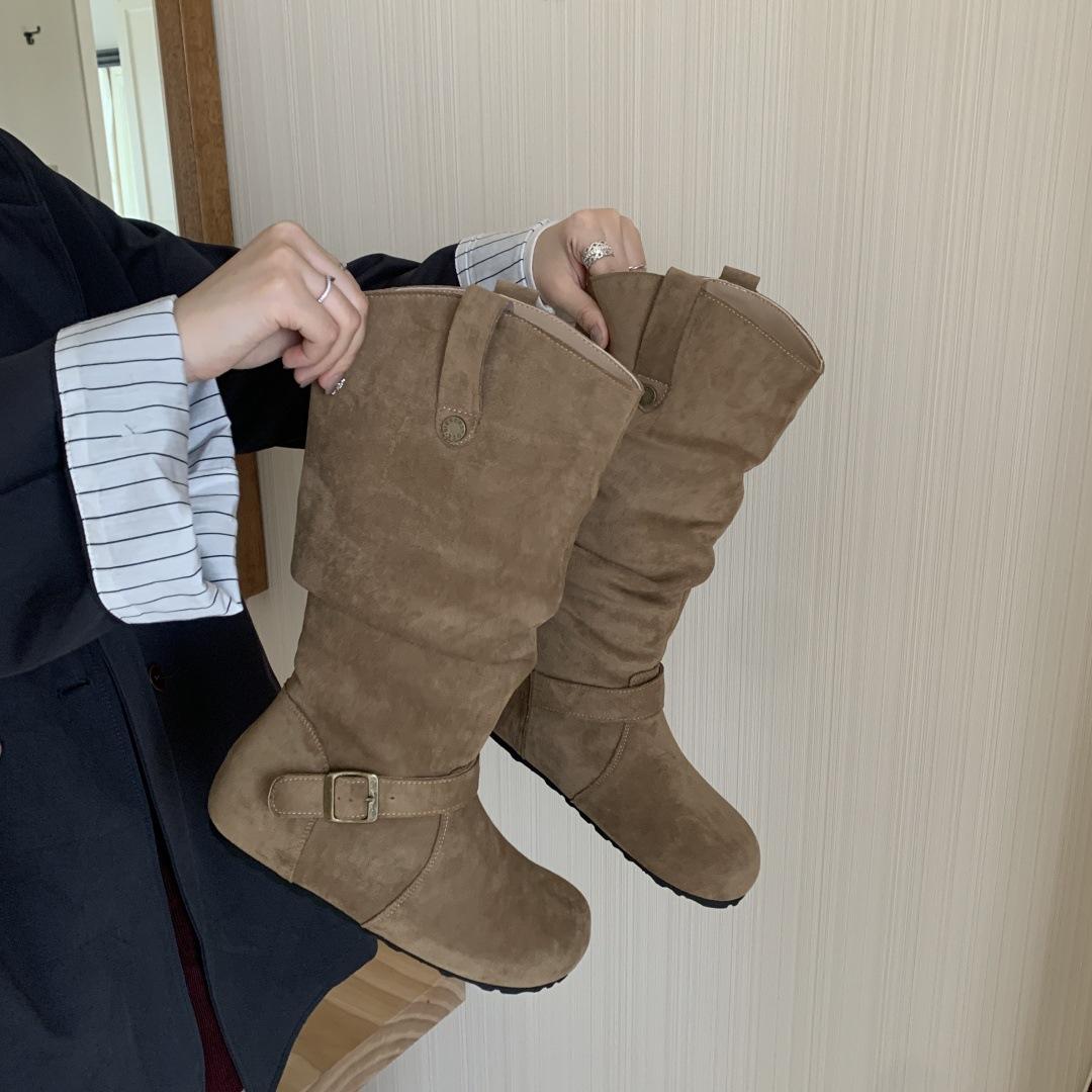 

Retro Birkenstock boots for women in the autumn of 2025, new models, but knee-thin boots, inner height-increasing folds and stacking boots 39 хаки