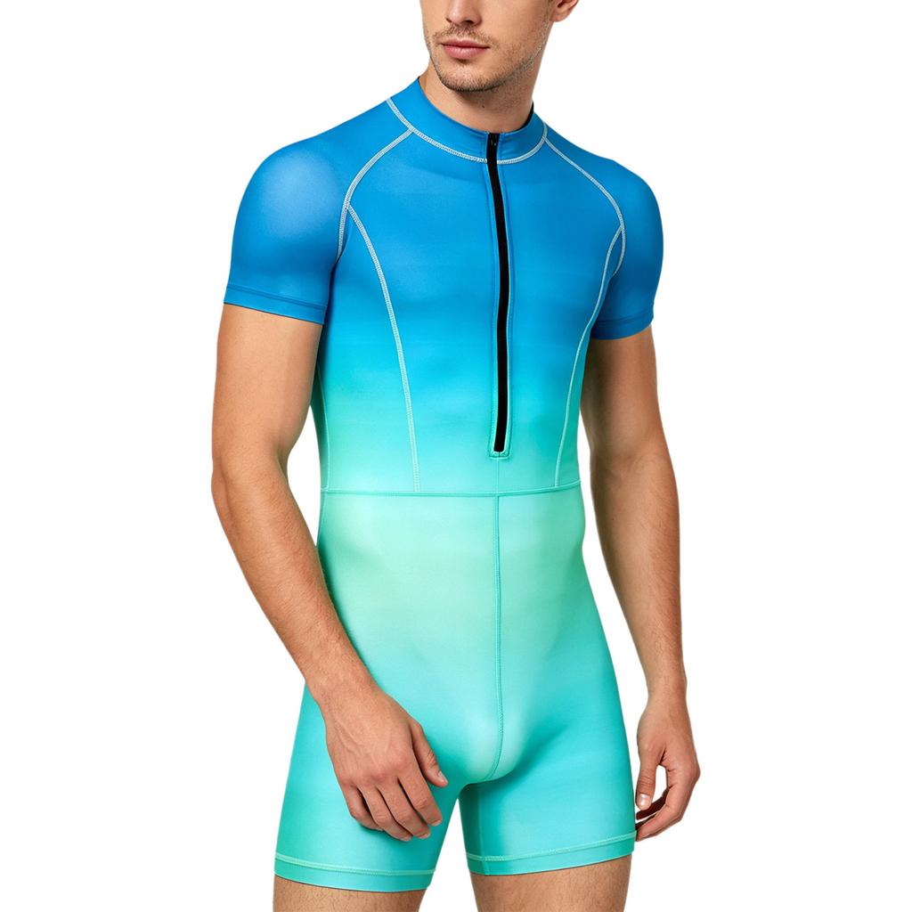 Costume da bagno intero da uomo a colori sfumati S-3XL Manica corta Zip frontale Pantaloncini a pantaloncino Tuta Rash Guard per Surf Nuoto Subacquea