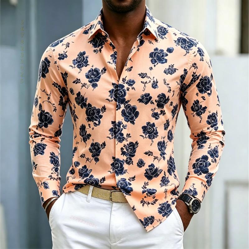 Camicia da uomo con stampa di rose blu europee e americane, camicia a maniche lunghe, sfondo bianco, fiore di rosa, slim, casual, taglie XS-6XL