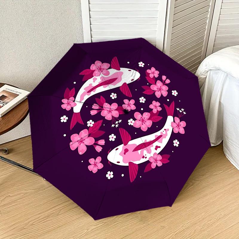 

1pc Koi Fish Cherry Blossoms Automatic Folding Umbrella 8 Rib Iron Frame, Suitable for Travel, Daily Use, Birthday, Women & Men Gift c1231024