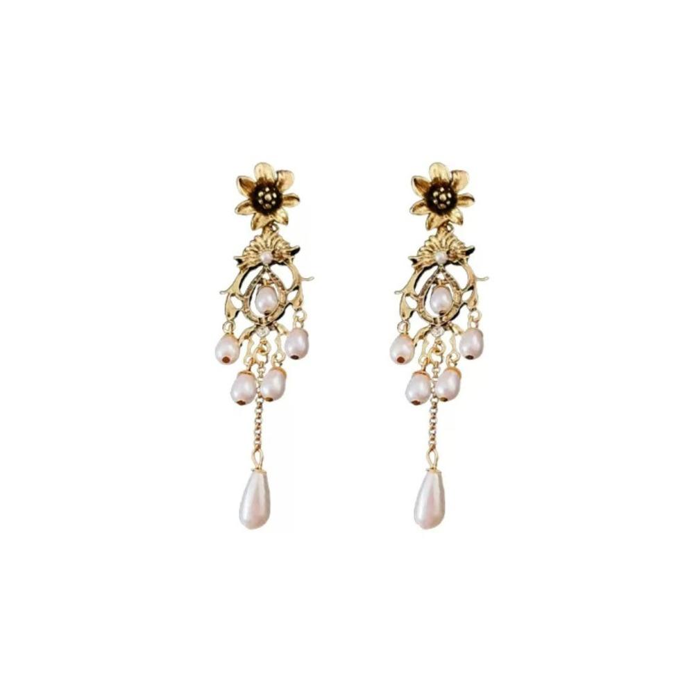 Waterdrop Shape Pearl Drop Earrings Bronze Flower Stud Earrings Vintage Metal Earrings  Party