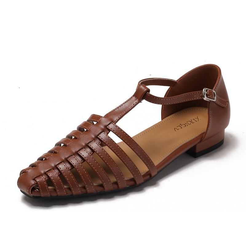 Fashion 2025 Summer New Hollow Out Woven Sandals Low Heels Women's Sandals Casual Outwear Retro Roman Shoes for Woman Sandalias Mujer