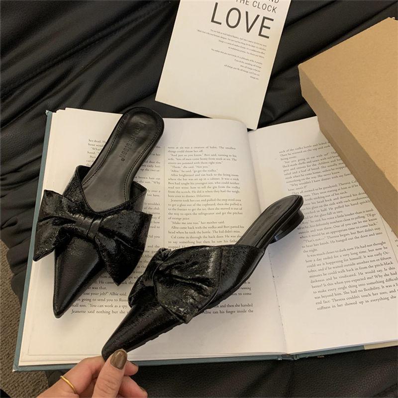 Fashion New Bowtie Mule Shoes Women Fashion Pointed Toe Stripe Wave Slip-on Sandals Ladies Luxury Satin Silk Outdoor Flat Slippers