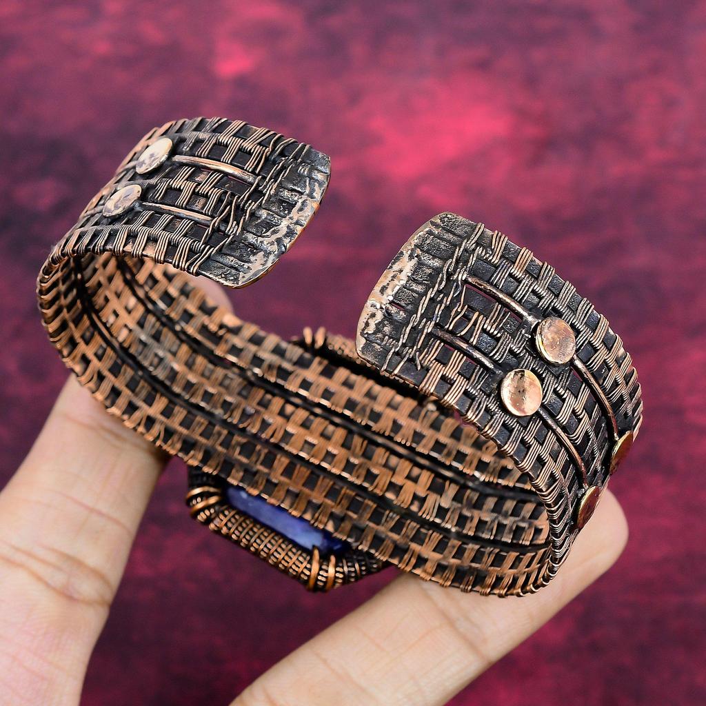 Faceted Blue Sapphire Bangle Copper Wire Wrapped Jewelry Adjustable Bangle