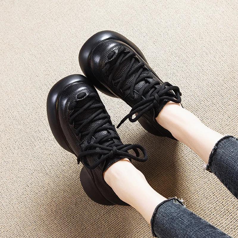 

Fujin/женские туфли на плоской подошве с круглым носком 7 см, женские туфли на платформе, летняя модная обувь из коровьей натуральной кожи, весенне-осенняя обувь на шнуровке Мэри Джейн 35 чёрный