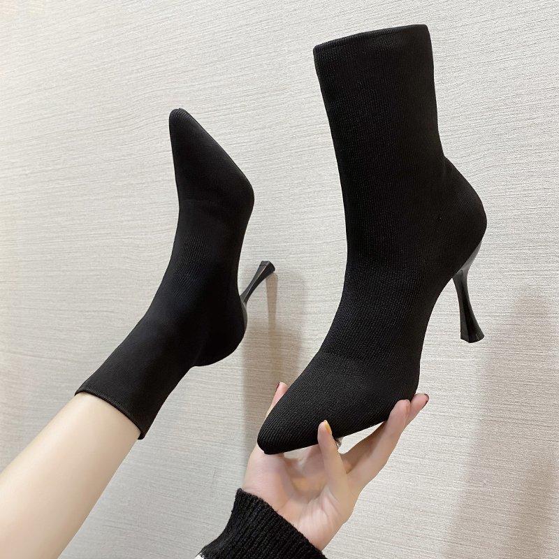 Fashion Aphixta 9cm 7cm 5cm Stretch Fabric Socks Boots Women Black Shoes Elegant Pointed Toe Knitting Elastic Ankle Boots for Women