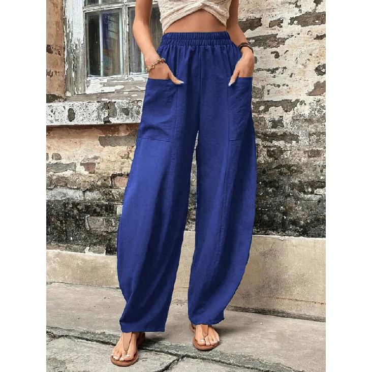 Women's Solid Color Pocket Casual Pants, Elastic Waist Long Trousers