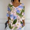 Women's Casual And Fashionable V-Neck Floral Print Seven Quarter Sleeved Top Top