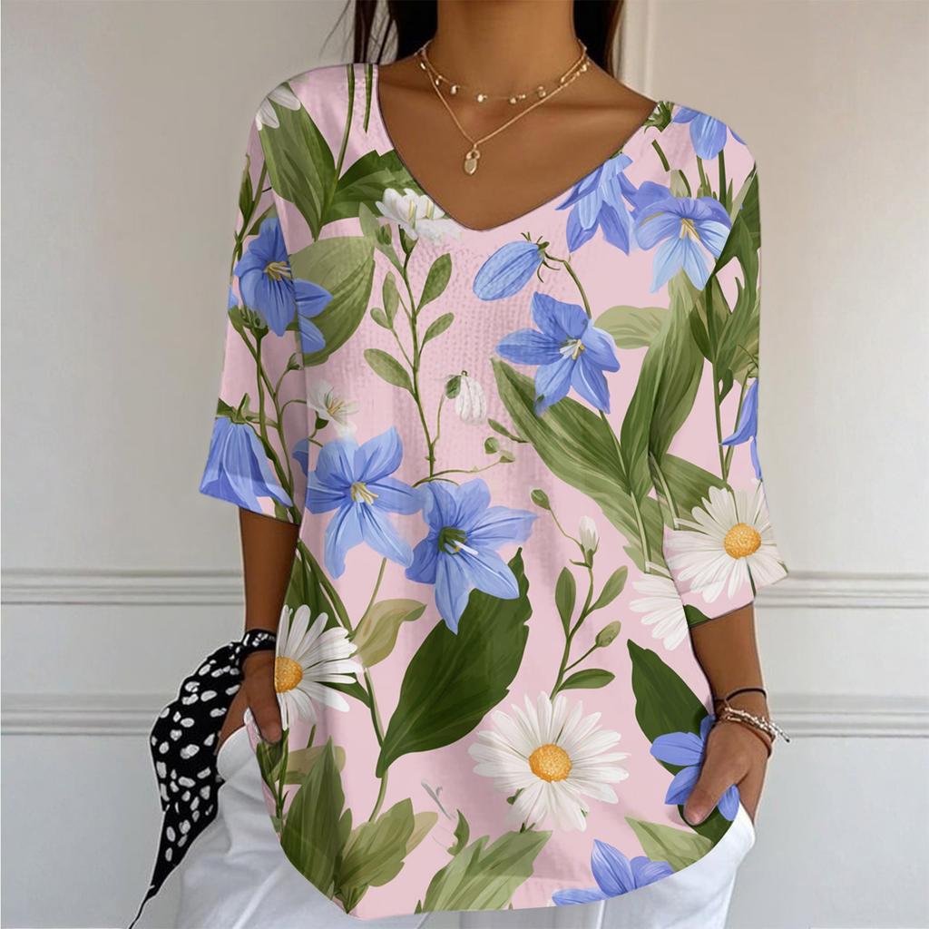 Women's Casual And Fashionable V-Neck Floral Print Seven Quarter Sleeved Top Top