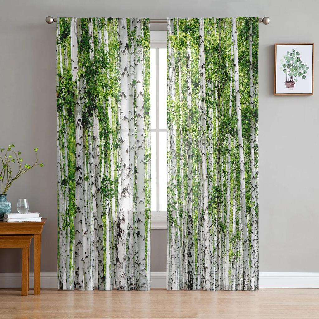 Color Butterfly Birch Forest Chiffon Curtains Living Room Bedroom Home Decoration Window Voiles Tulle Curtain Sheer Polyester Ideal For Area