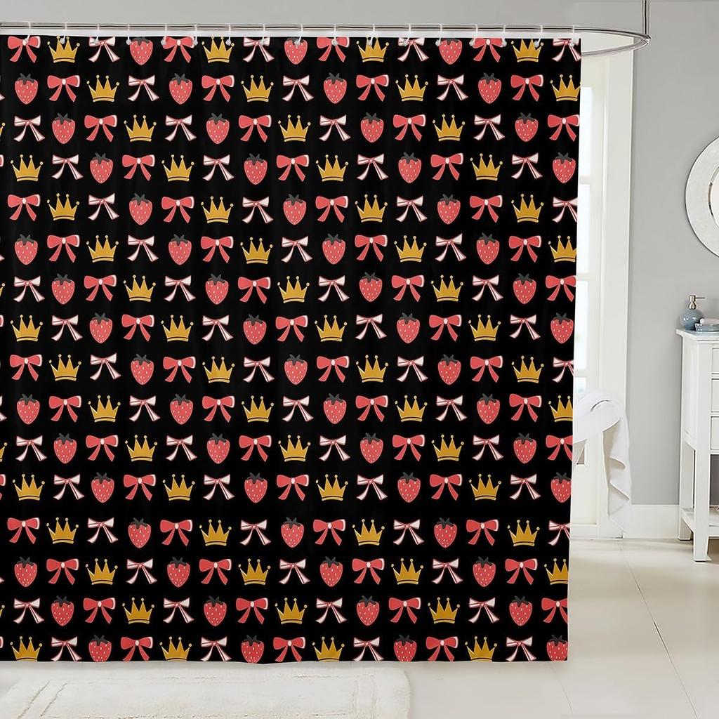 Red Strawberry Bow Kids Shower Curtain Yellow Crown Bathroom Curtain Cute Fruit Bowknot Bath Curtain for Girls Boys,Kawaii Bow