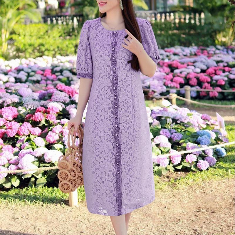 

ZANZEA Women Casual Round Neck Loose Lace Patchwork Half Sleeve Dress S фіолетовий