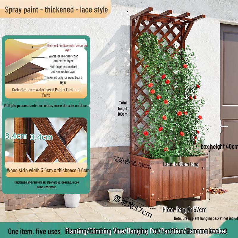 Carbonized Wooden Planter with Trellis: Outdoor Anticorrosive Flower Pot and Climbing Rack for Balcony or Garden.