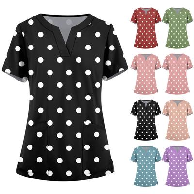 Ropa de trabajo de manga corta con cuello en V para mujer, Tops estampados con bolsillos, Tops de verano para mujer