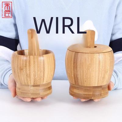 Bamboo Garlic Press & Grinder with Lid - Household Kitchen Mortar and Pestle
