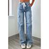 Women's High Waist Drawstring Side Pocket Cargo Wide Leg Denim Pants Fall Casual Stretch Jeans