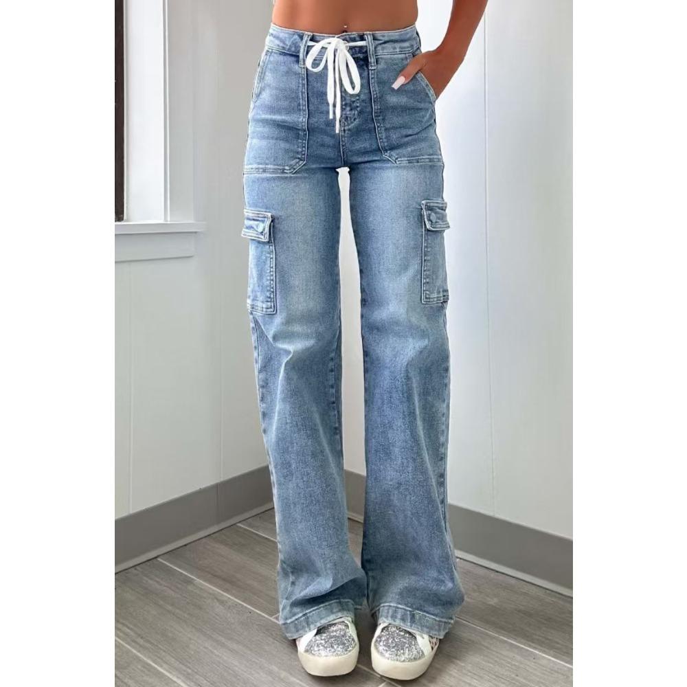 Women's High Waist Drawstring Side Pocket Cargo Wide Leg Denim Pants Fall Casual Stretch Jeans