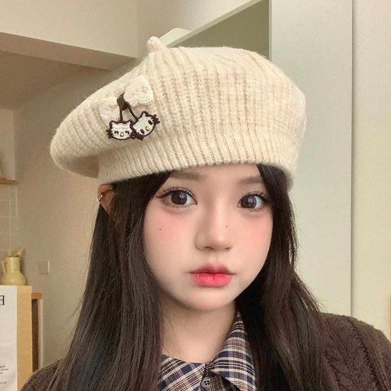 Japanese Cute Cat Knitted Beret Female Artistic Retro All Match Show Face Little Cloud Painter Hat Octagonal Hat